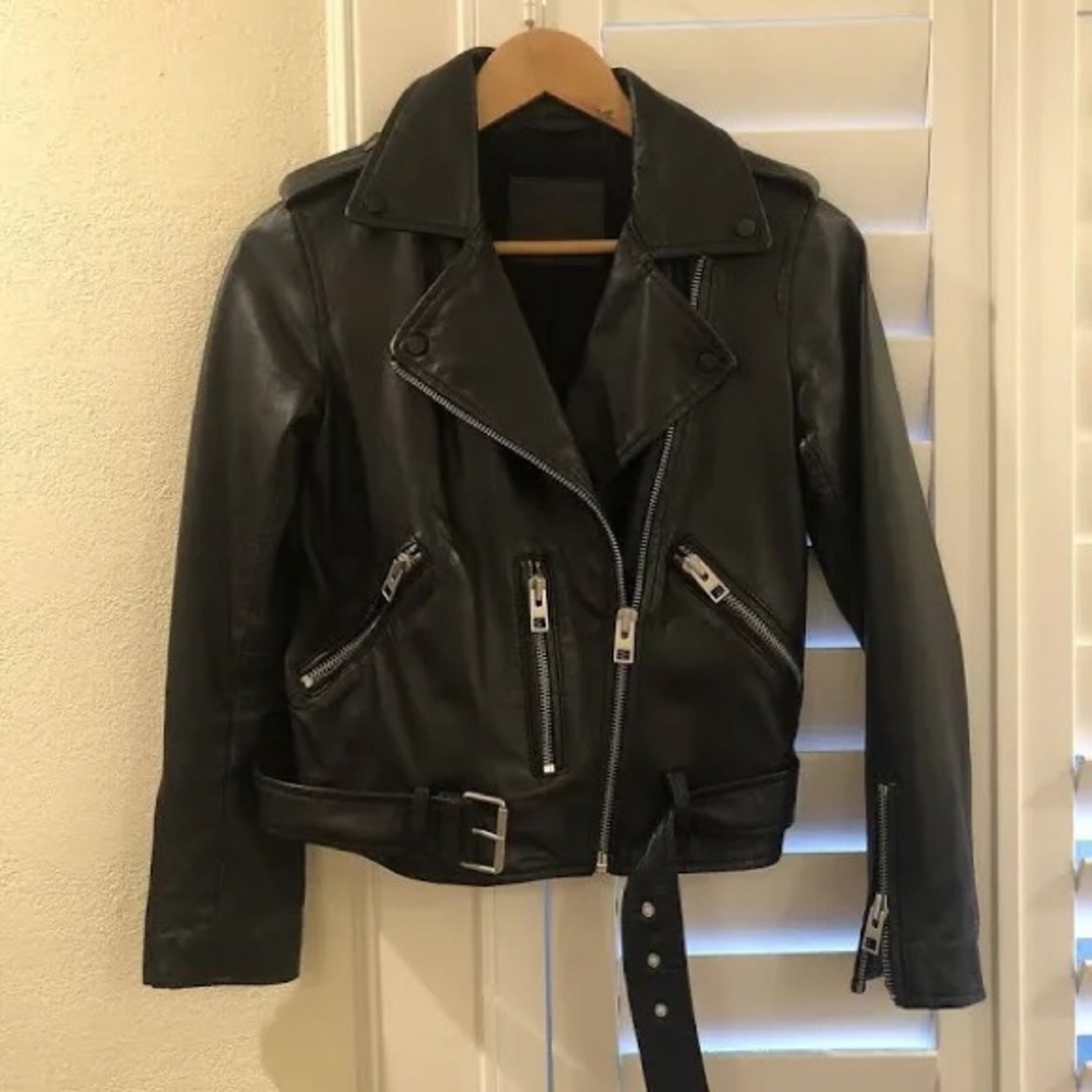 ALLSAINTS  Balfern Belted Leather Moto Biker Jacket Black Silver 2 NWOT